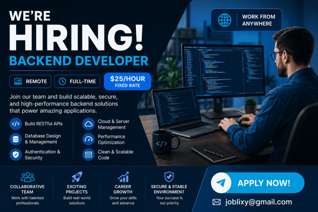 We’re Hiring – Backend Developer Remote | Full-Time | $25/Hour Backend Developer
