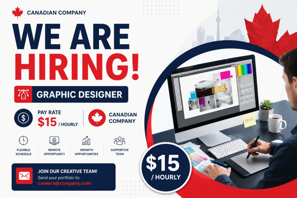 we are hiring Graphic Designer 15$ hourly Canadian company Graphic Designer