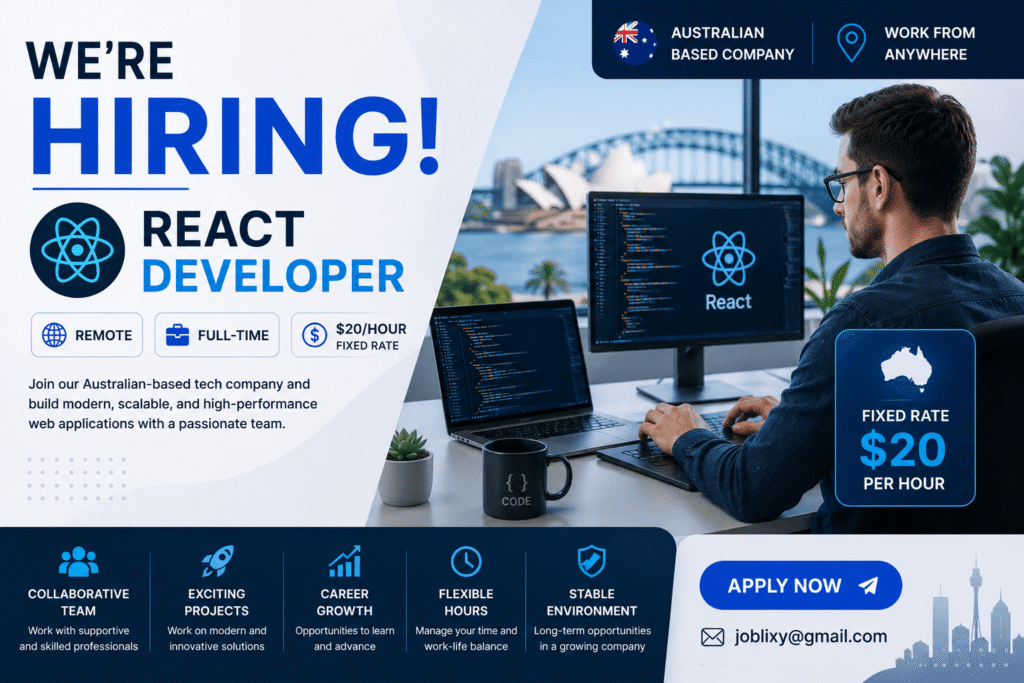 We’re Hiring – React Developer Remote | Full-Time | Australian Based Company | $20/Hour Fixed Rate React Developer