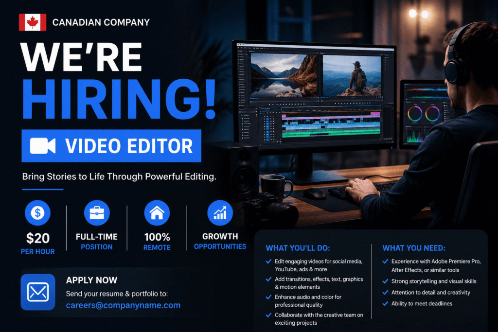 hiring Full-Time Position Video Editor (Remote) hourly fix 20$ video editor